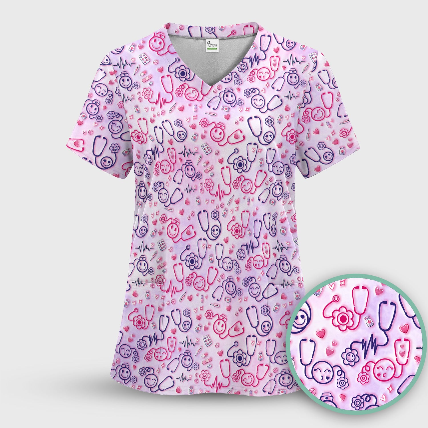 Stethoscope Heart Cute Icon Print Scrub Top, Breathable Fabrics Nursing Uniform