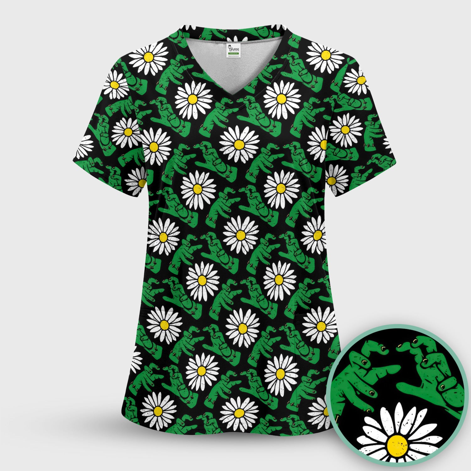 Halloween Monster And Daisies Scrub Top, Comfortable Scrubs for Nurses