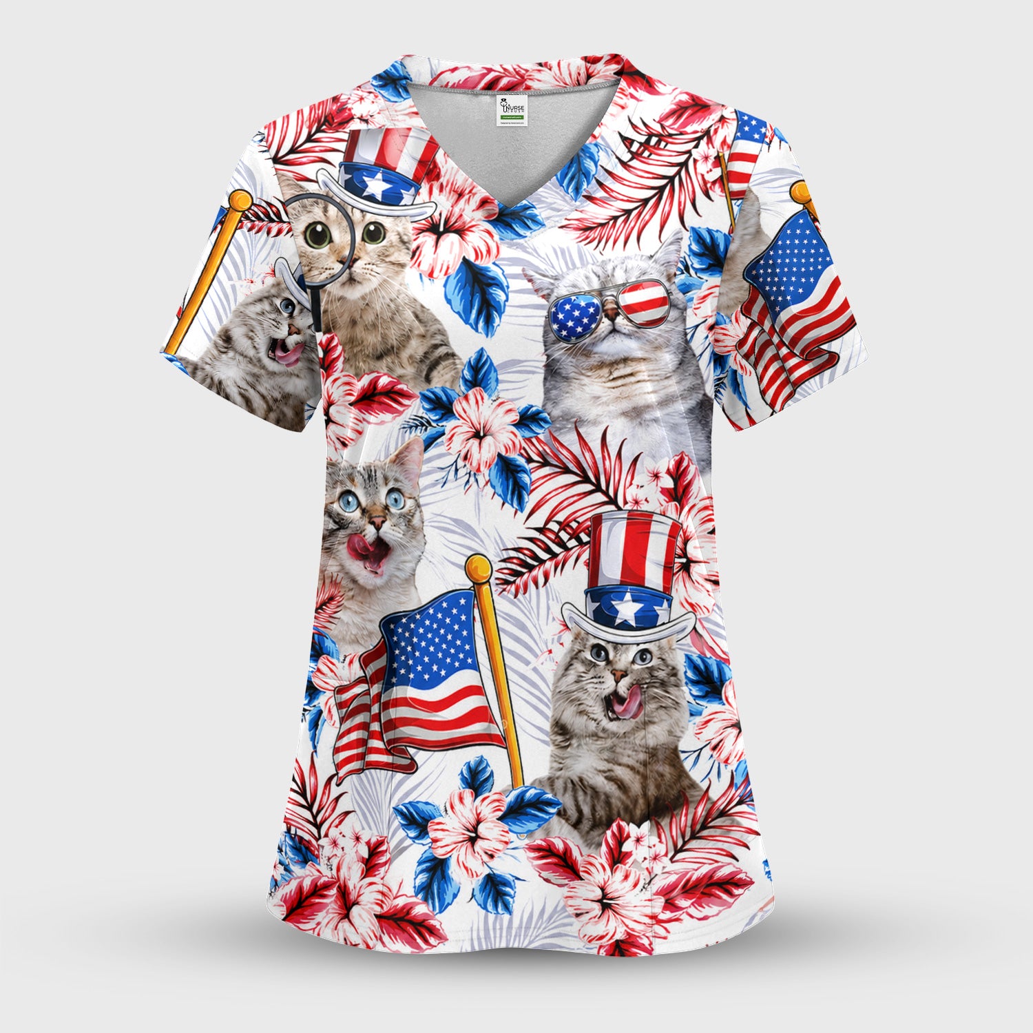 Patriotic Cat with USA Flag Scrub Top, Comfortable Scrubs for Nurses