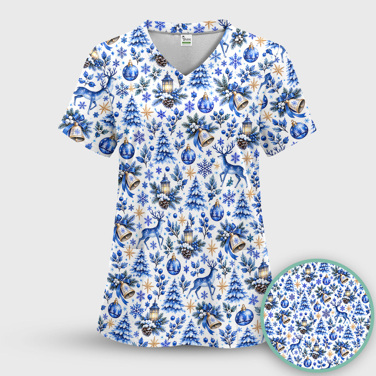 Blue Christmas Reindeer And Winter Trees Scrub Set, Scrub Pants and V Neck Top