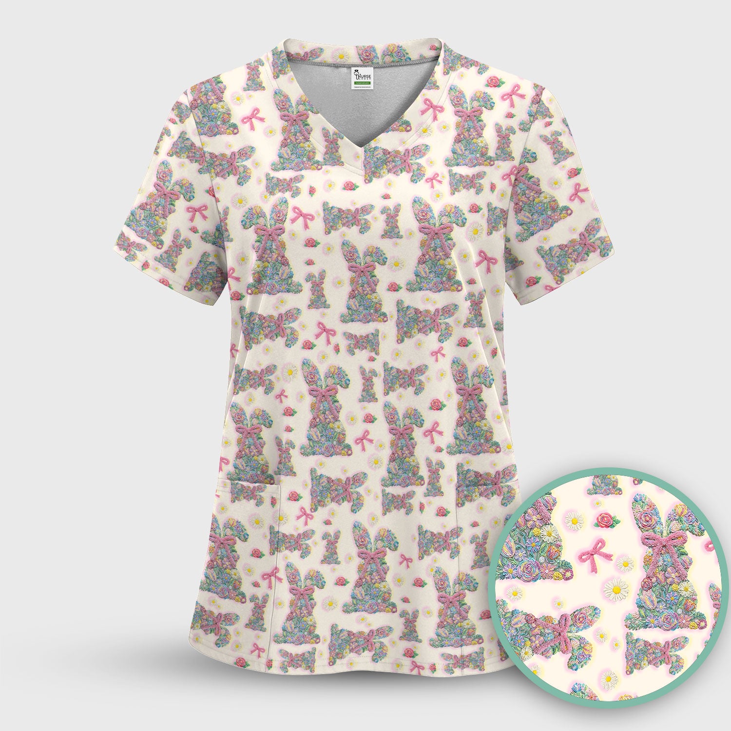 Colorful Floral Bunny with Pink Bow Pattern Scrub Top, Breathable Fabrics Nursing Uniform, Easter