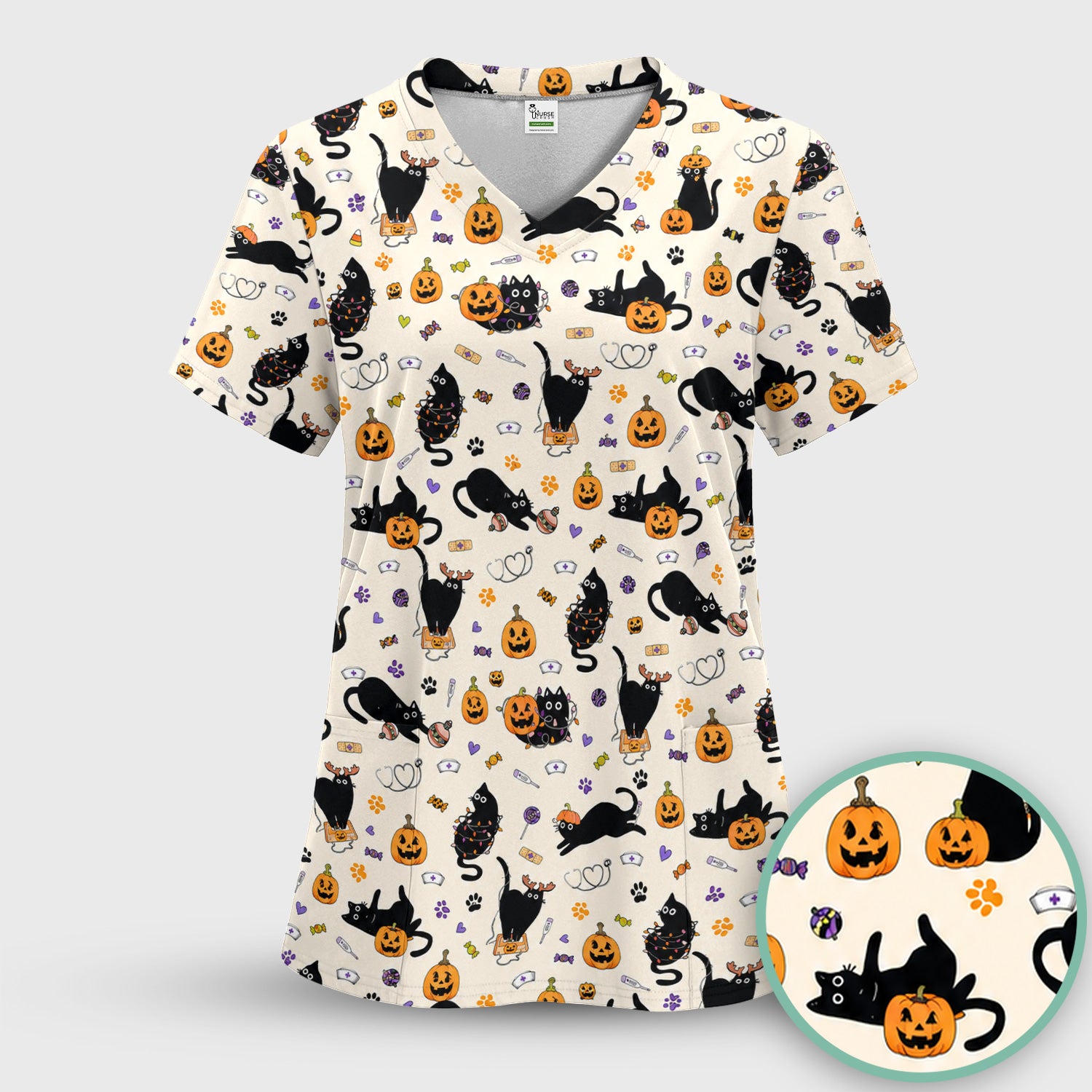 Pumpkin Black Cat Pattern Scrub Set, Scrub Pants and V Neck Top