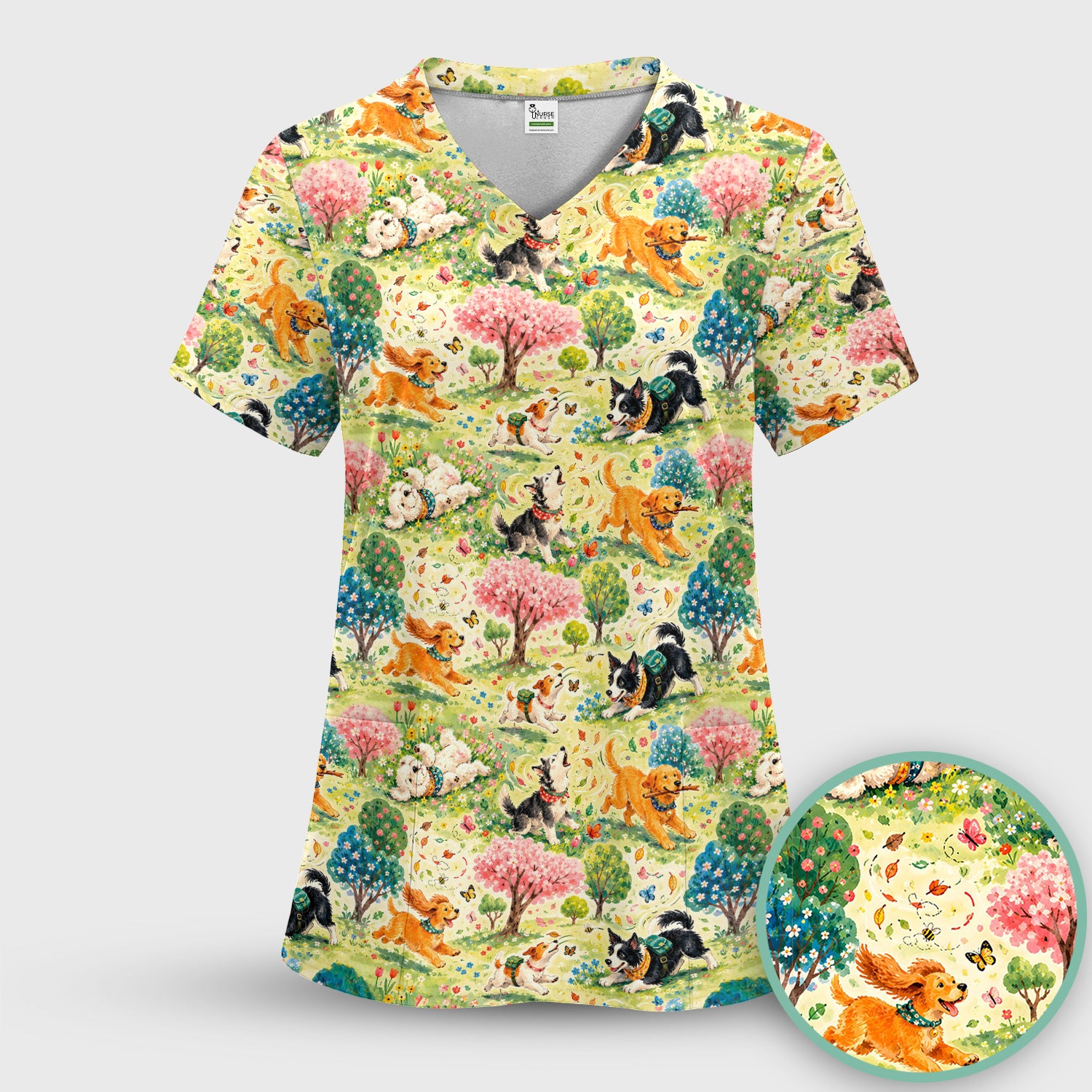Playful Spring Garden Dogs Pattern Scrub Top, Comfortable Scrubs for Nurses