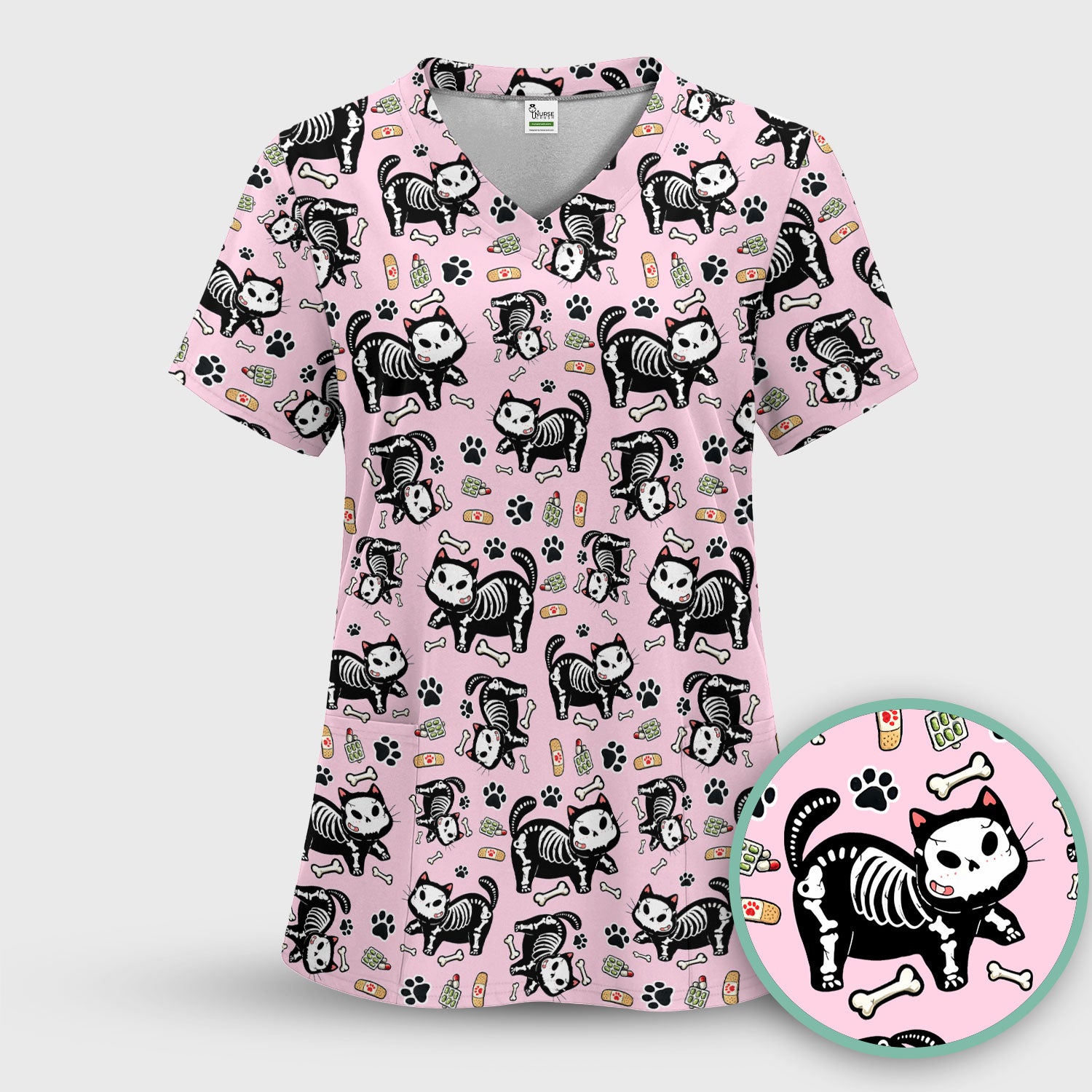 Skeleton Cat Medical Pattern Scrub Set, Scrub Pants and V Neck Top