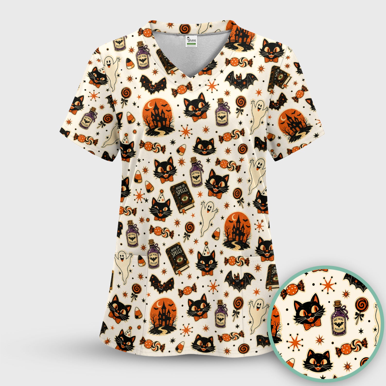 Halloween Black Cat with Ghost Candy Print Scrub Top, Comfortable Scrubs for Nurses