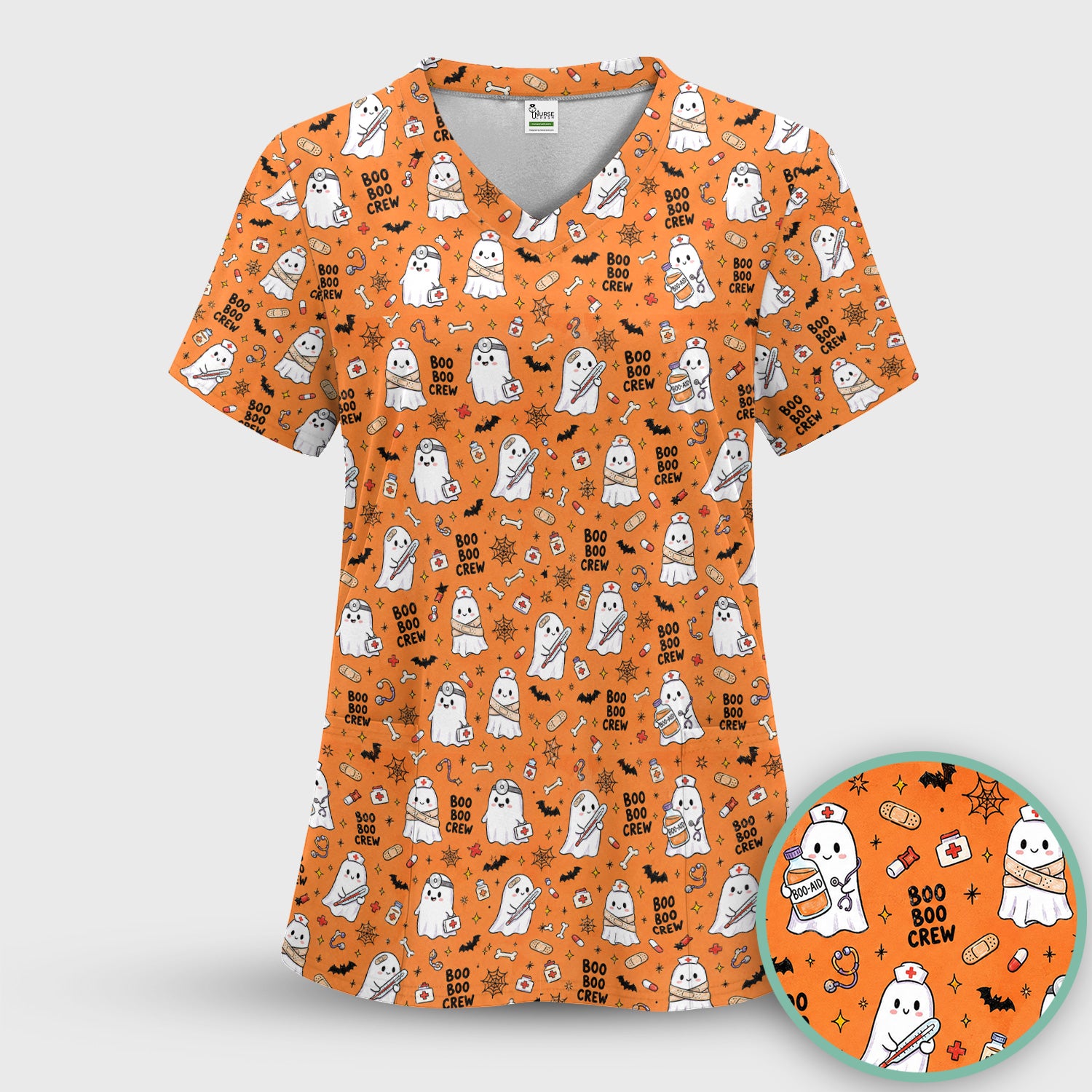 Cute Halloween Boo Boo Crew Ghost Scrub Set, Scrub Pants and V Neck Top