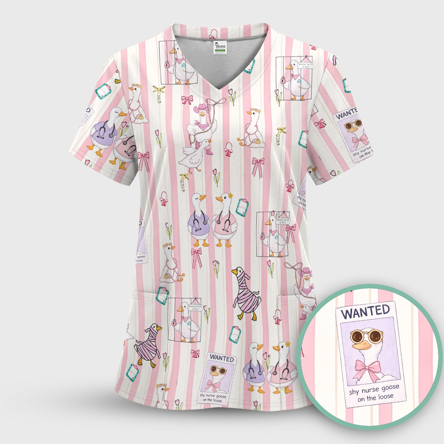 Cute Nurse Duck Stripe Pattern Scrub Top, Comfortable Scrubs for Nurses