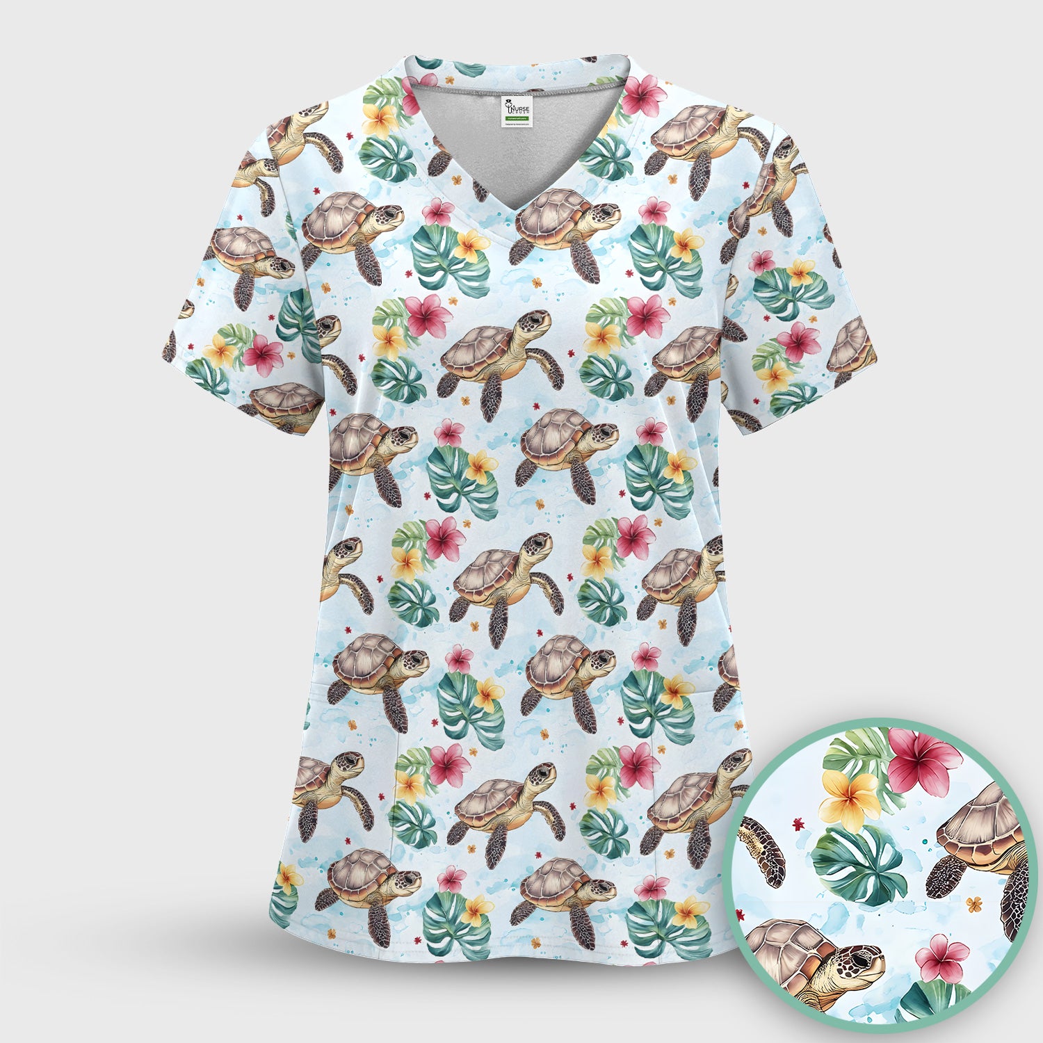 Sea Turtle Tropical Floral Pattern Scrub Top, Comfortable Scrubs for Nurses