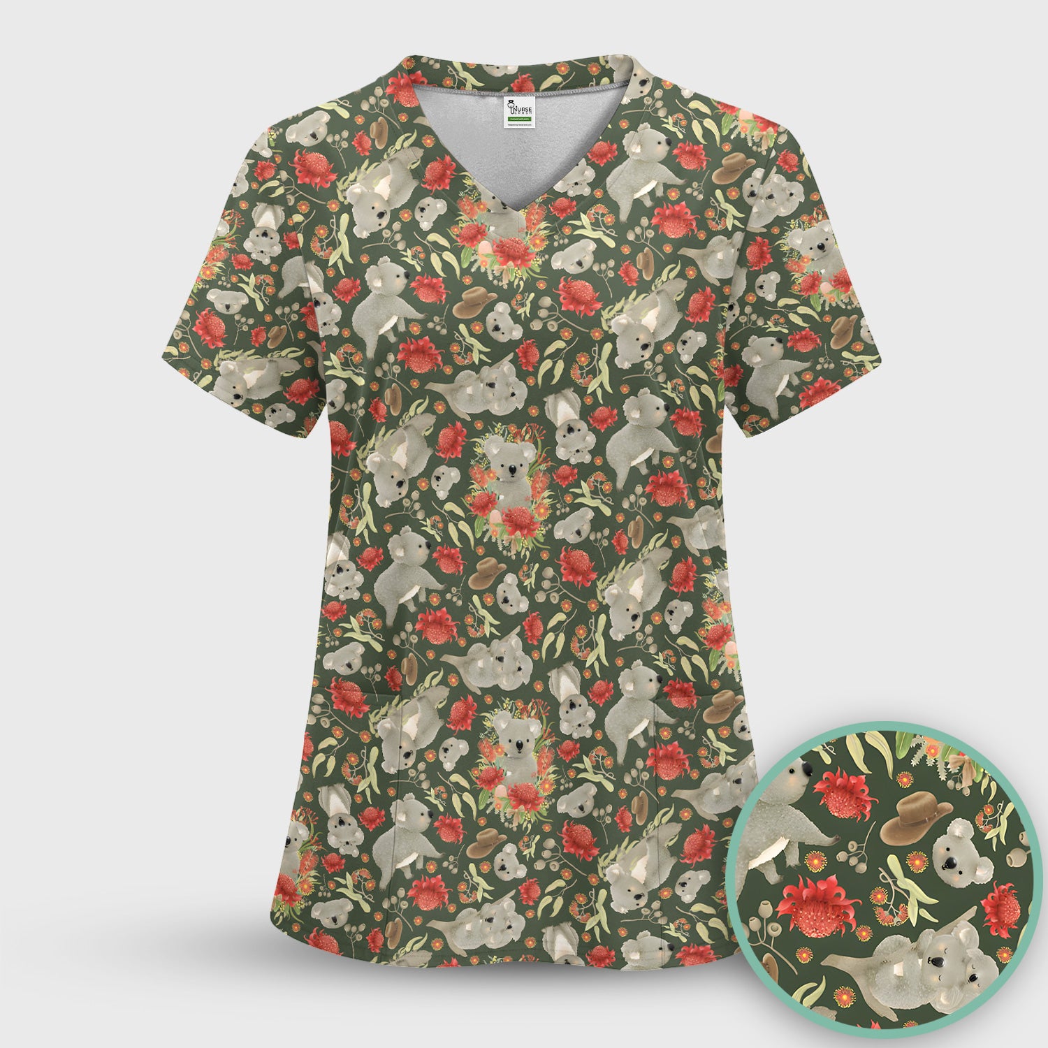 Cute Koala Wildflower Pattern Scrub Set, Scrub Pants and V Neck Top