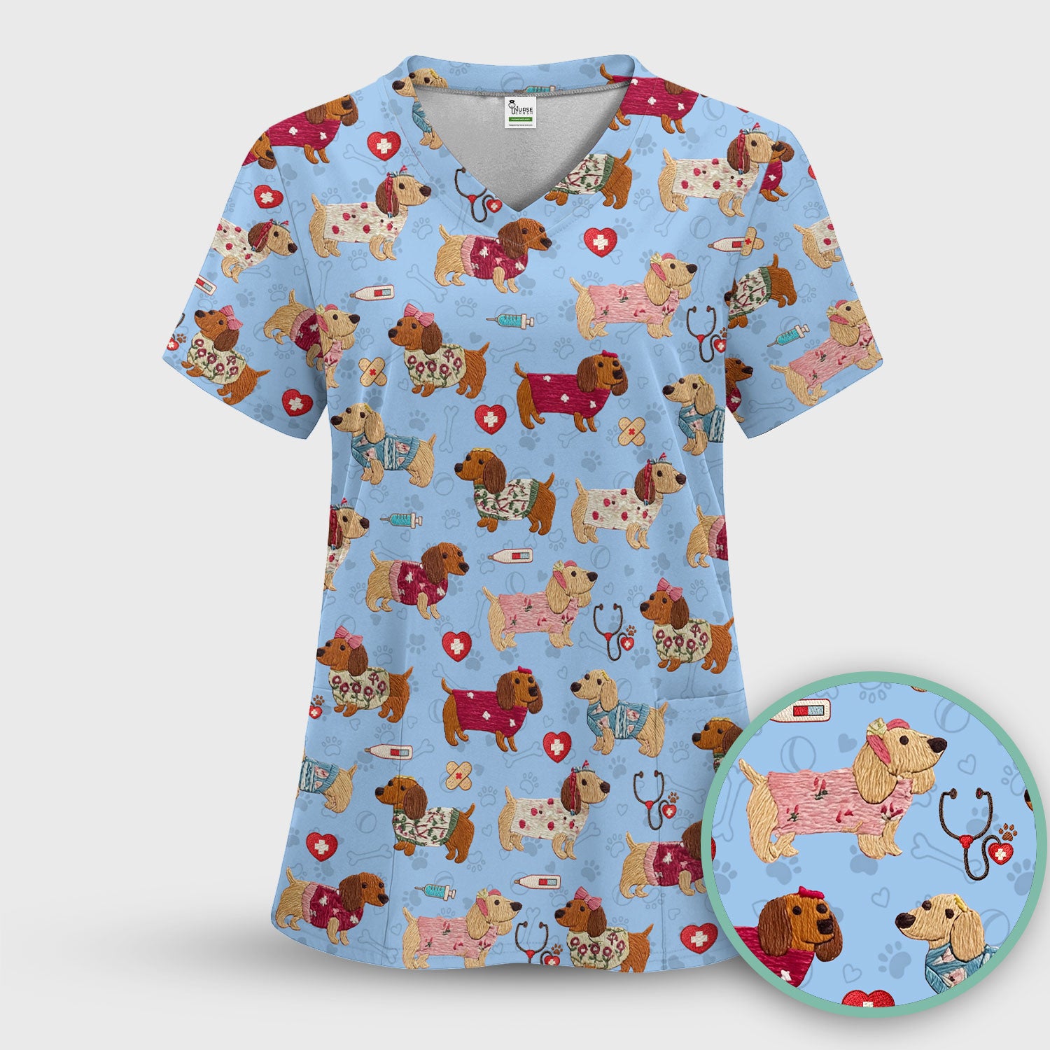 Cute Medical Wiener Dog Pattern Nurse Shirt, Dachshund Nursing Scrub Top, Breathable Fabrics Nursing Uniform