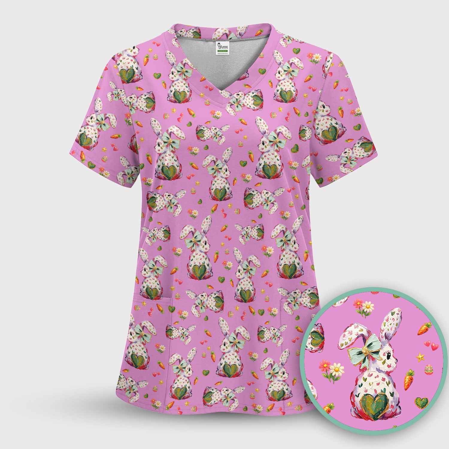 Cute Pastel Bunny Easter Pattern Scrub Top, Comfortable Scrubs for Nurses
