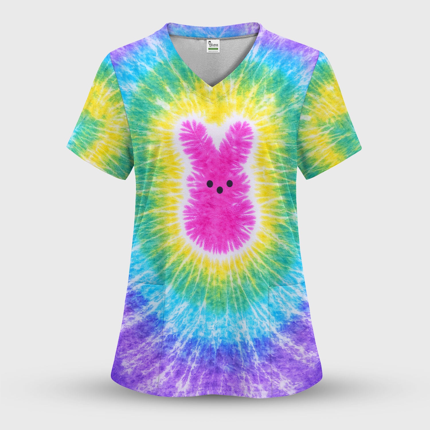 Easter Peep Tie Dye Scrub Top, Easter Bunny Nurse Shirt For Women, Breathable Fabrics Nursing Uniform