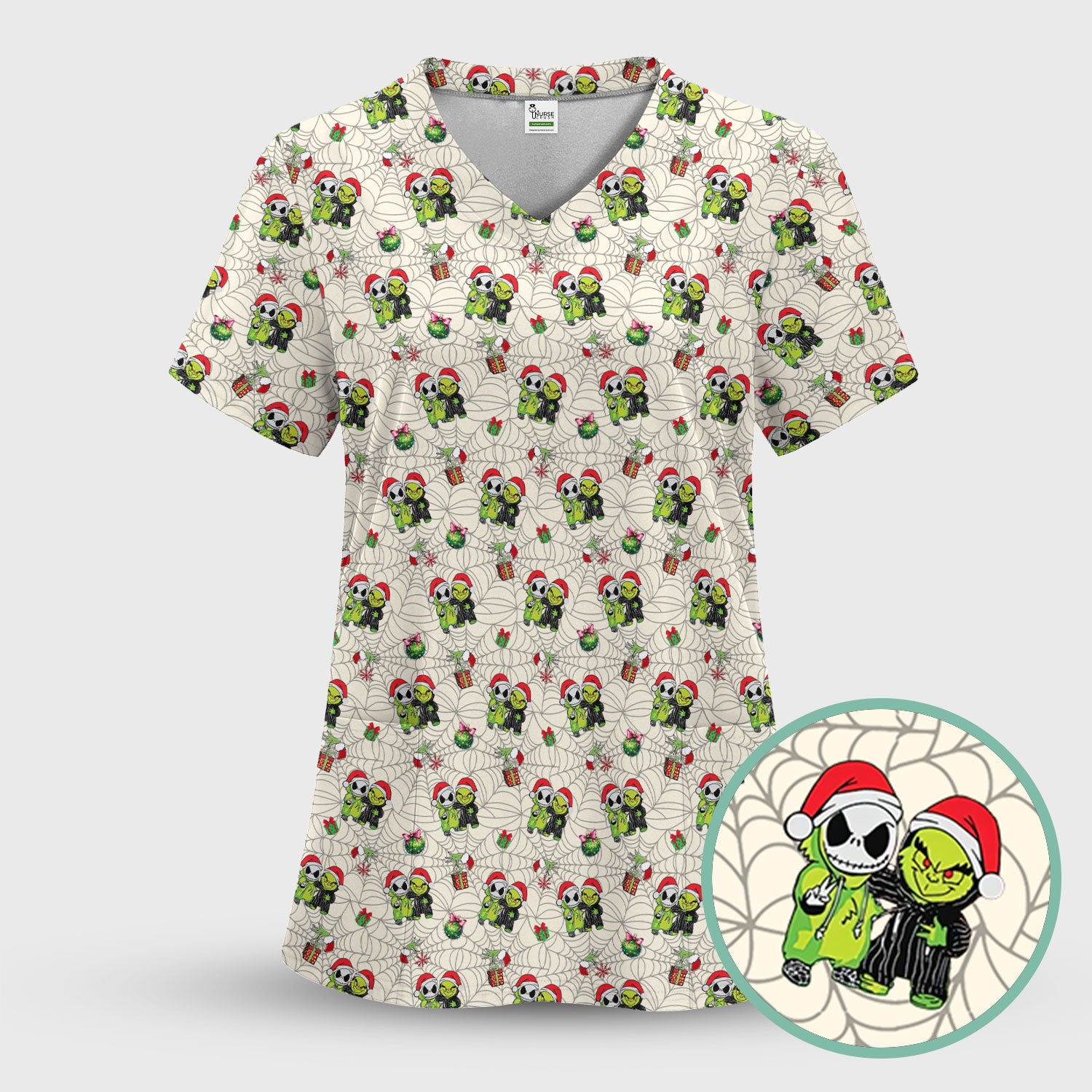 Festive Grinch Halloween Scrub Top - Merry Grinchmas Holiday Shirt for Nurses - Funny Christmas Gift for RN LPN CNA