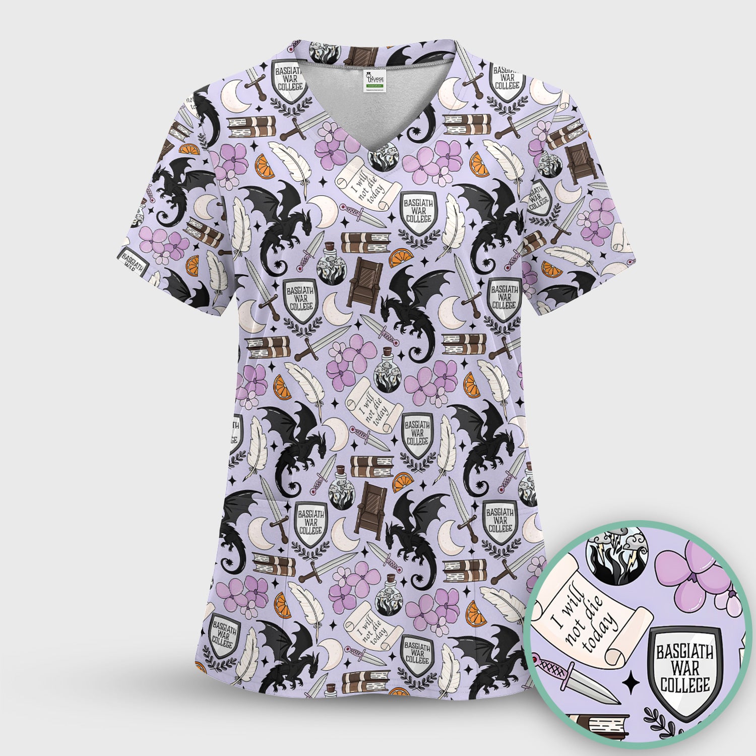 Spooky Gothic Fantasy Dragon Pattern Scrub Top, Comfortable Scrubs for Nurses