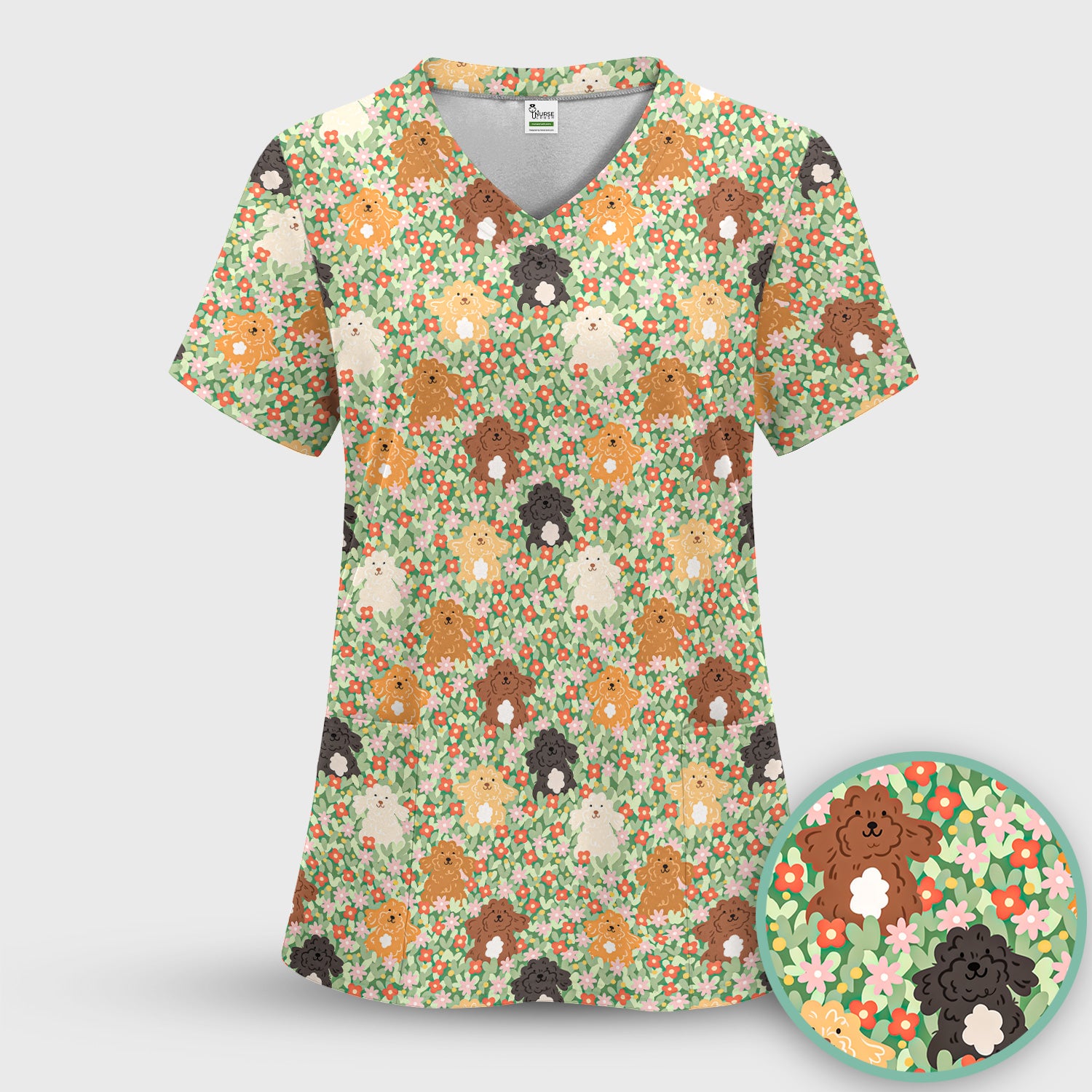 Cute Poodle Dogs Floral Pattern Scrubs Sets, Breathable Med Uniform