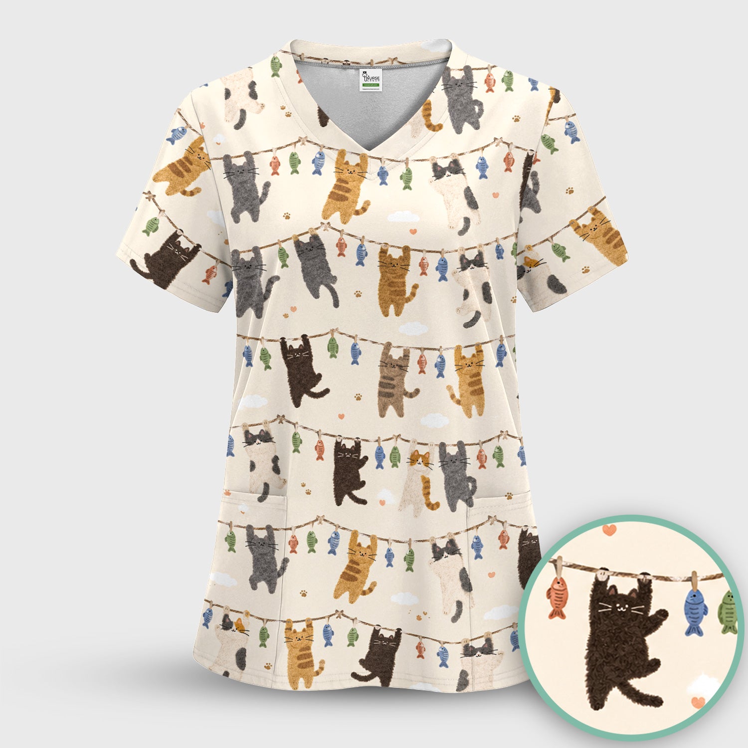 Cute Hanging Cat Fishline Pattern Scrub Set, Scrub Pants and V Neck Top