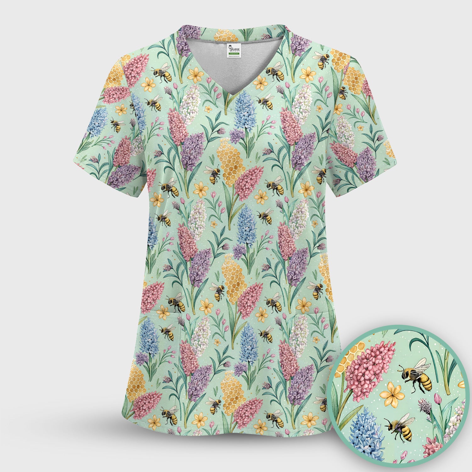 Pastel Wildflower Honeybee Pattern Scrub Top, Comfortable Scrubs for Nurses