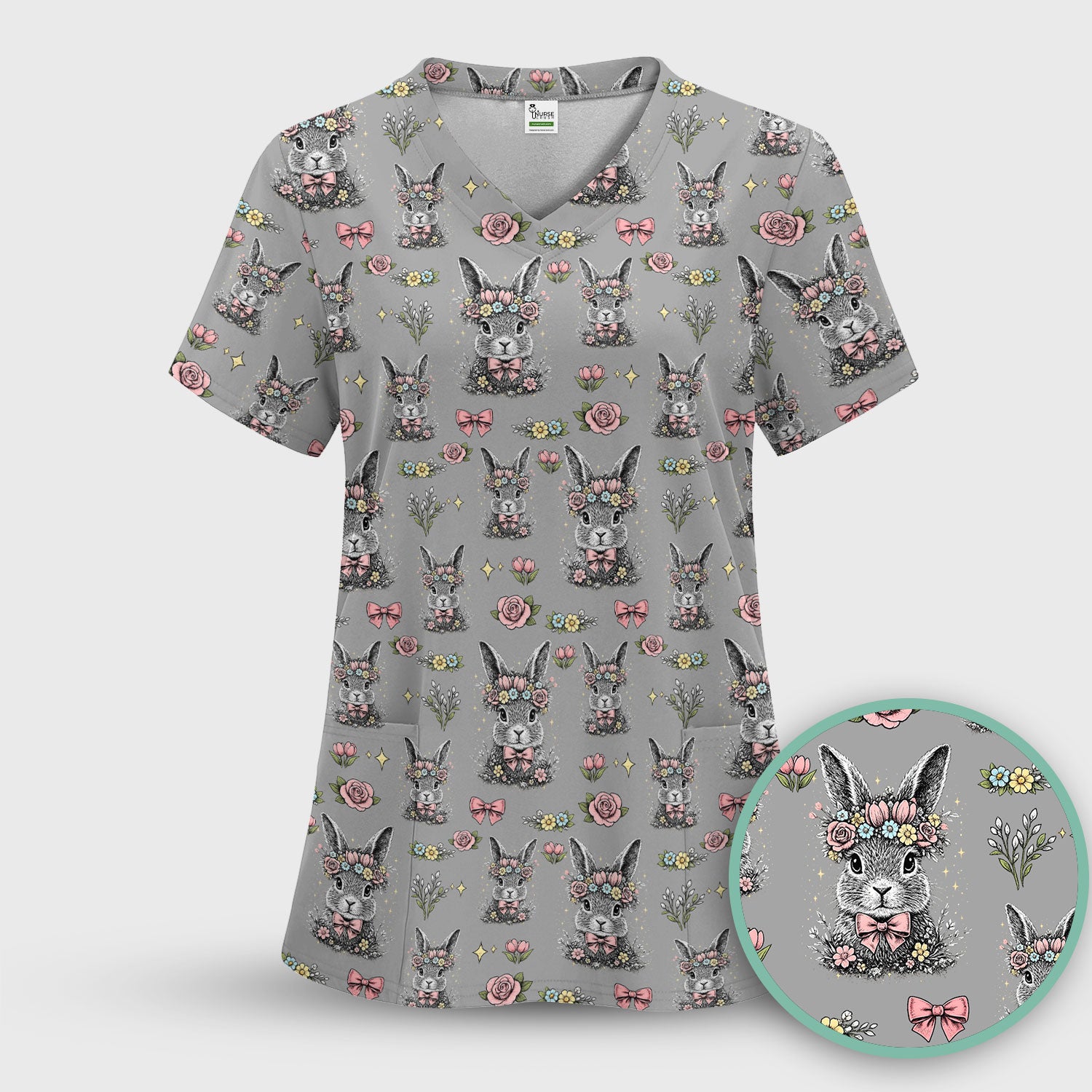 Vintage Floral Bunny Print Scrub Set, Scrub Pants and V Neck Top