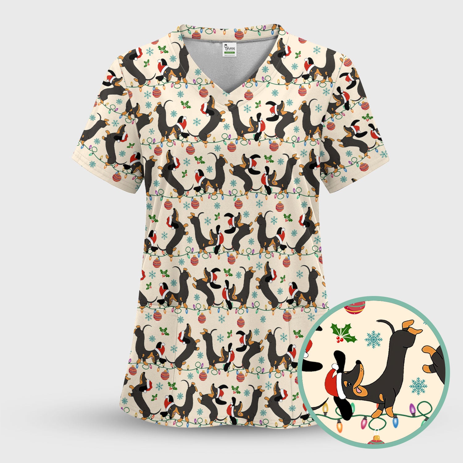 Christmas Dachshund Scrub Top - Cute Wiener Dog Holiday Nurse Shirt for Women - Festive Medical Uniform for RN CNA LPN