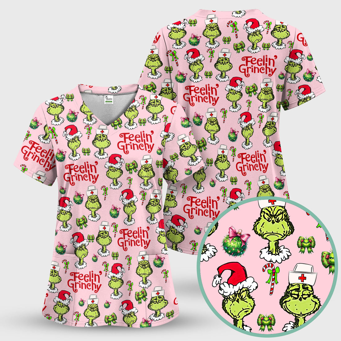 Grinch Nurse Christmas Scrub - Feelin‰۪ Grinchy Top - Funny Holiday Medical Uniform Gift for RN CNA LPN