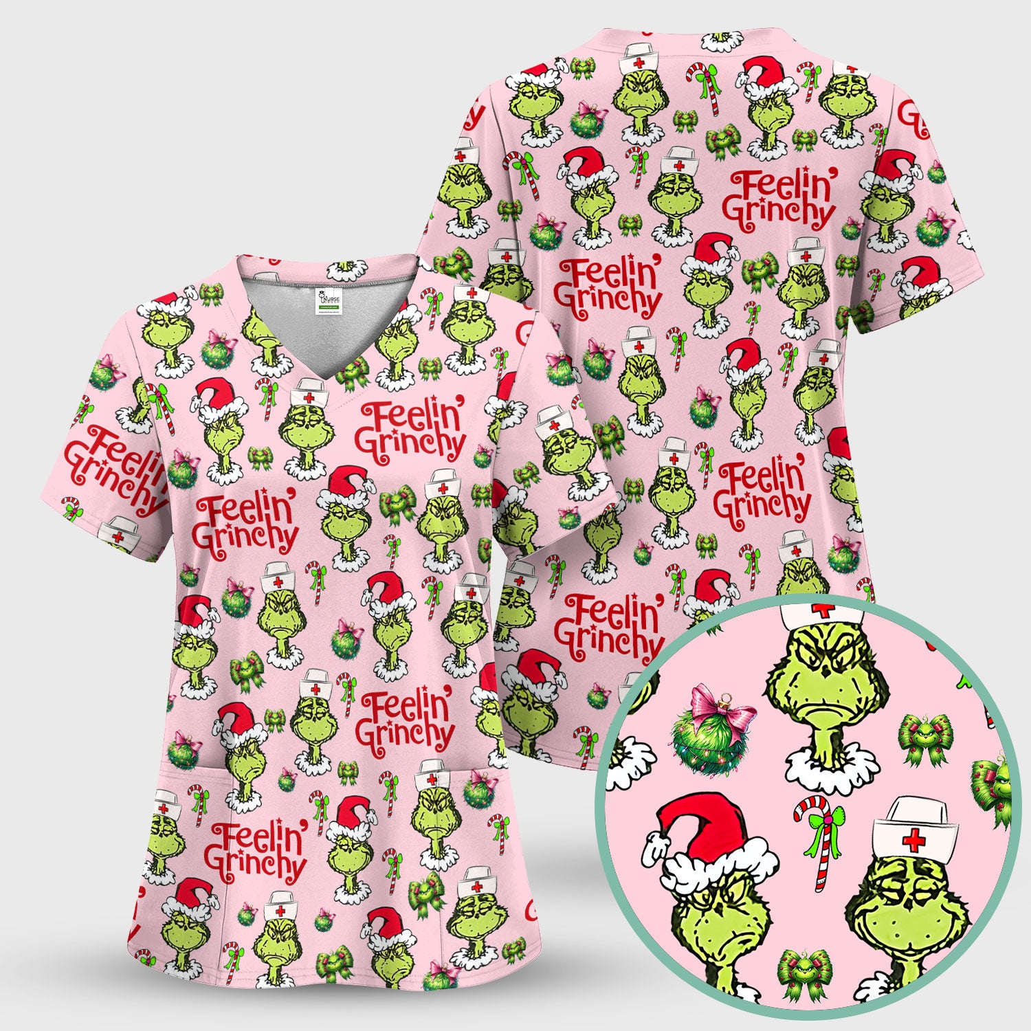Grinch Nurse Christmas Scrub - Feelin‰۪ Grinchy Top - Funny Holiday Medical Uniform Gift for RN CNA LPN