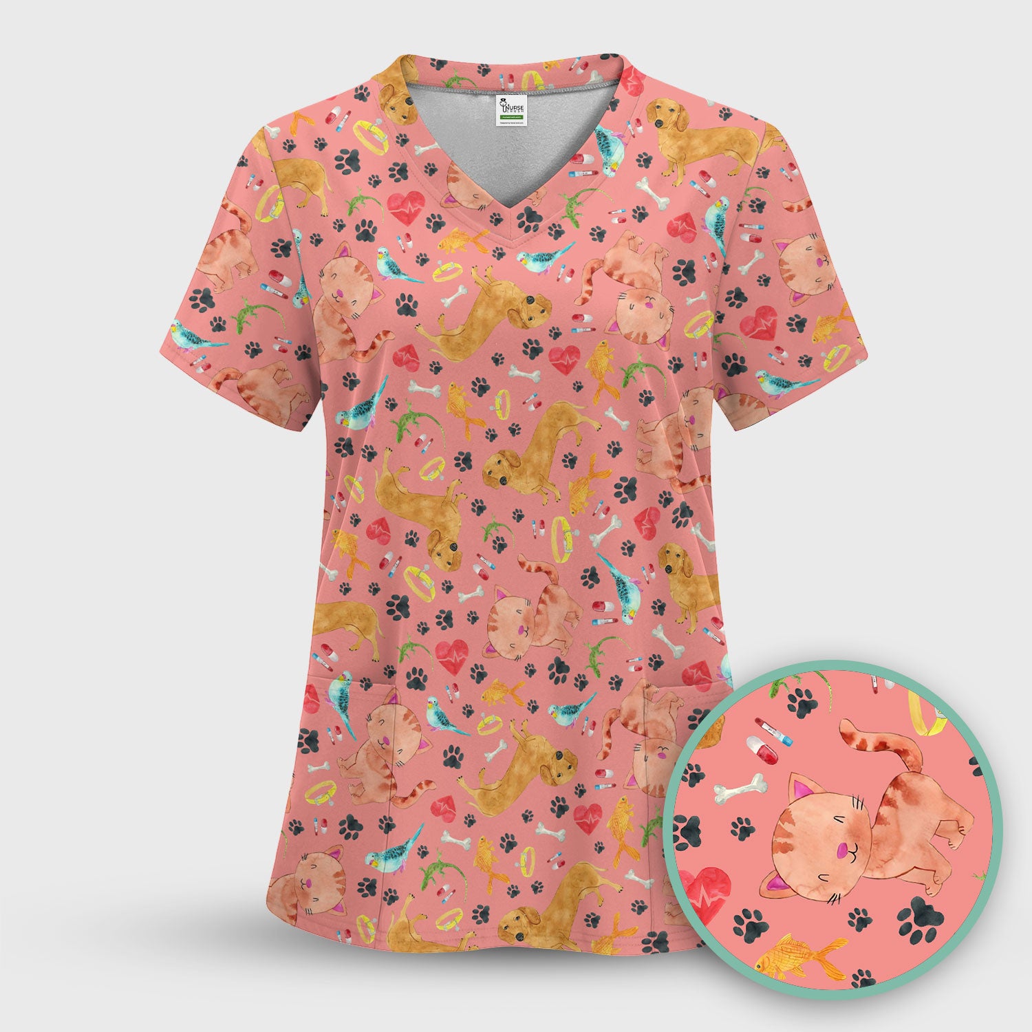 Cute Cat Dog Scrub Top - Animal Lover Medical Uniform - Funny Veterinary Nurse Shirt for Women RN CNA LPN