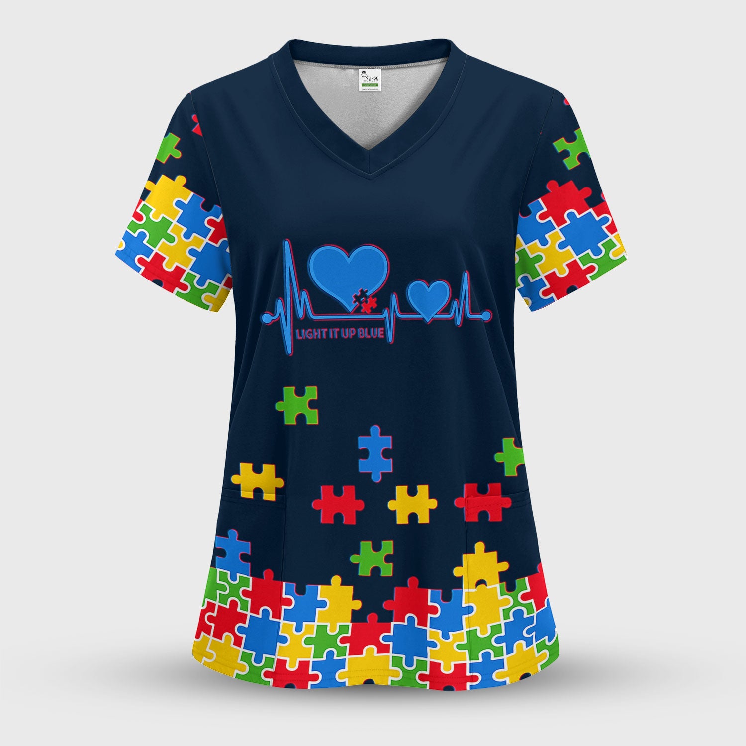Autism Puzzle Heartbeat Light It Up Blue Print Scrub Top, Comfortable Scrubs for Nurses