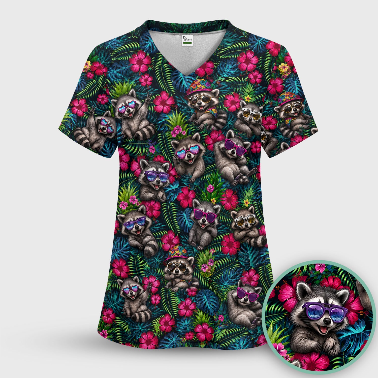 Tropical Raccoon Nurse Floral Pattern Scrub Top, Comfortable Scrubs for Nurses