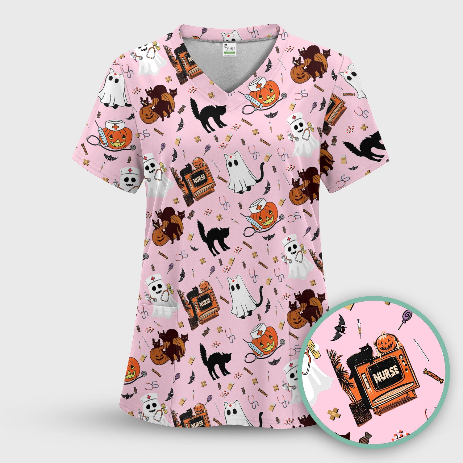 Halloween Scrub Top for Nurse - Cute Pumpkin Ghost Cat Medical Shirt - Spooky Scrubs for Women RN CNA LPN