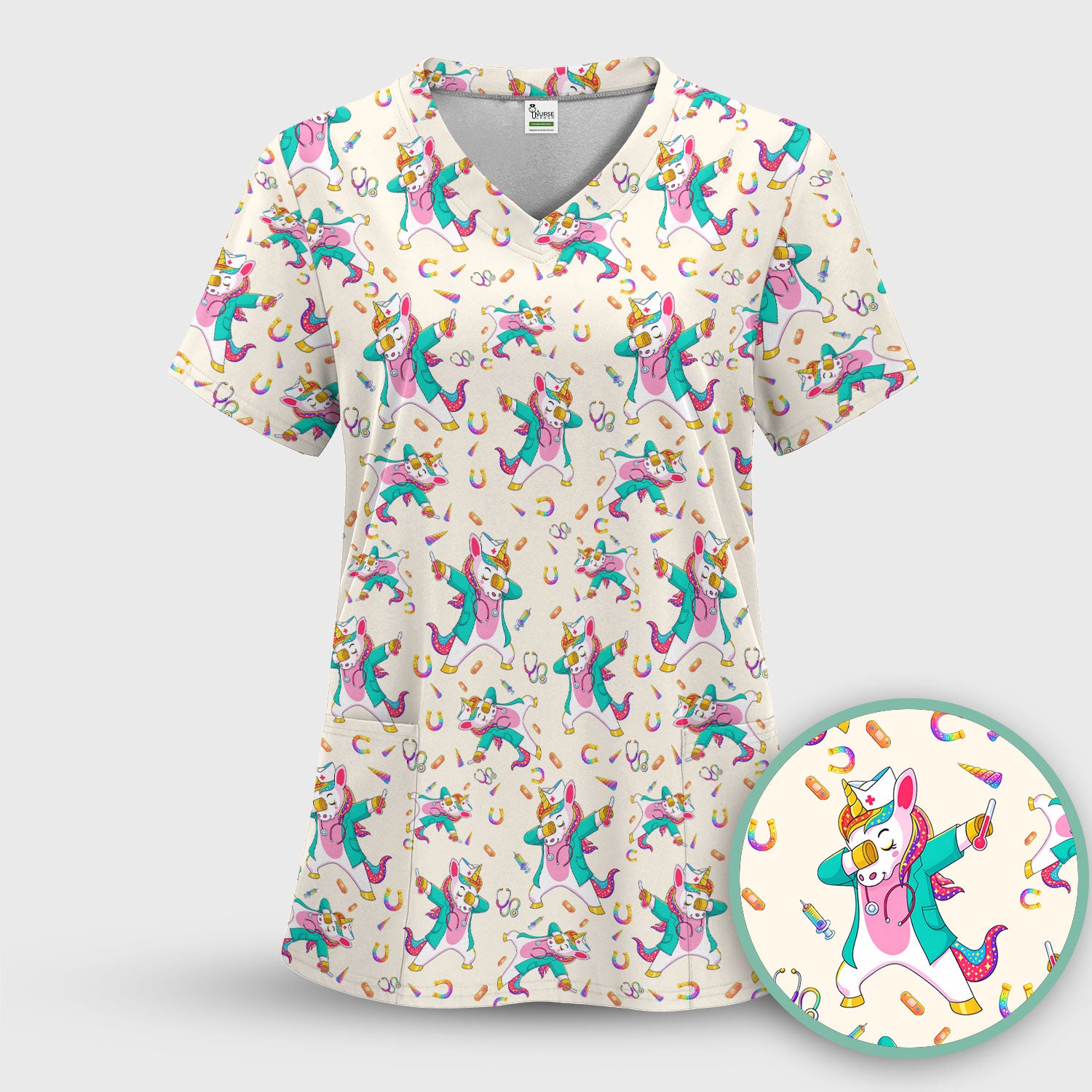 Cute Unicorn Nurse Dance Pattern Scrub Top, Breathable Fabrics Nursing Uniform