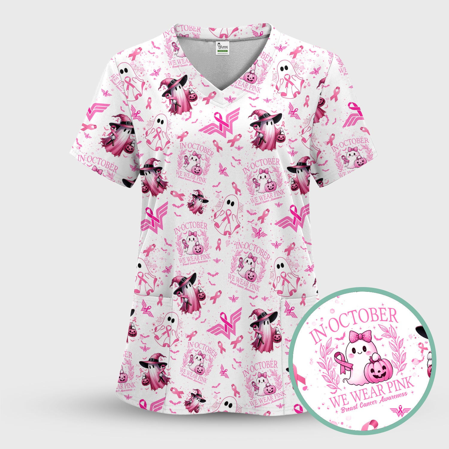 Pink Halloween Scrub Top for Nurses - In October We Wear Pink Breast Cancer Awareness Shirt - Cute Ghost Witch Gift for RN CNA LPN