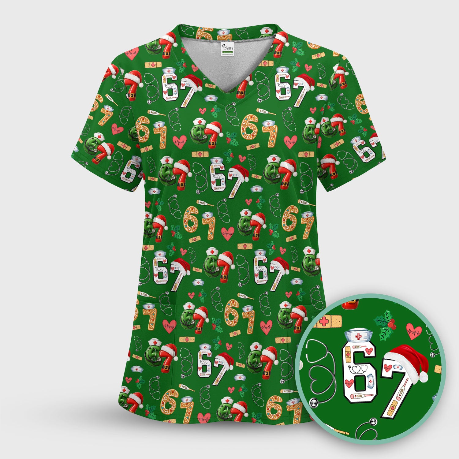 Christmas Nurse 67 Pattern Scrub Top, Cute Holiday Medical Shirt With Santa Hat, Uniform For Nursing
