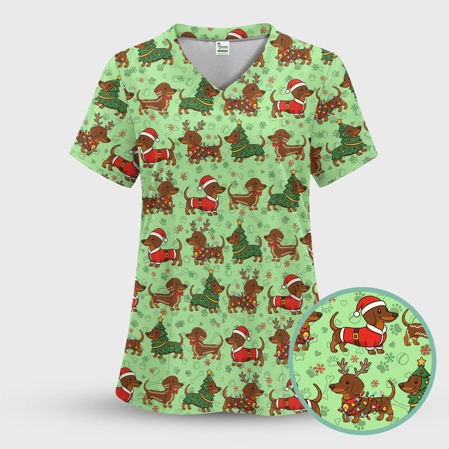 Christmas Dachshund Scrub Top - Funny Sausage Dog Wiener Holiday Nurse Shirt - Xmas Medical Uniform Gift for RN CNA LPN