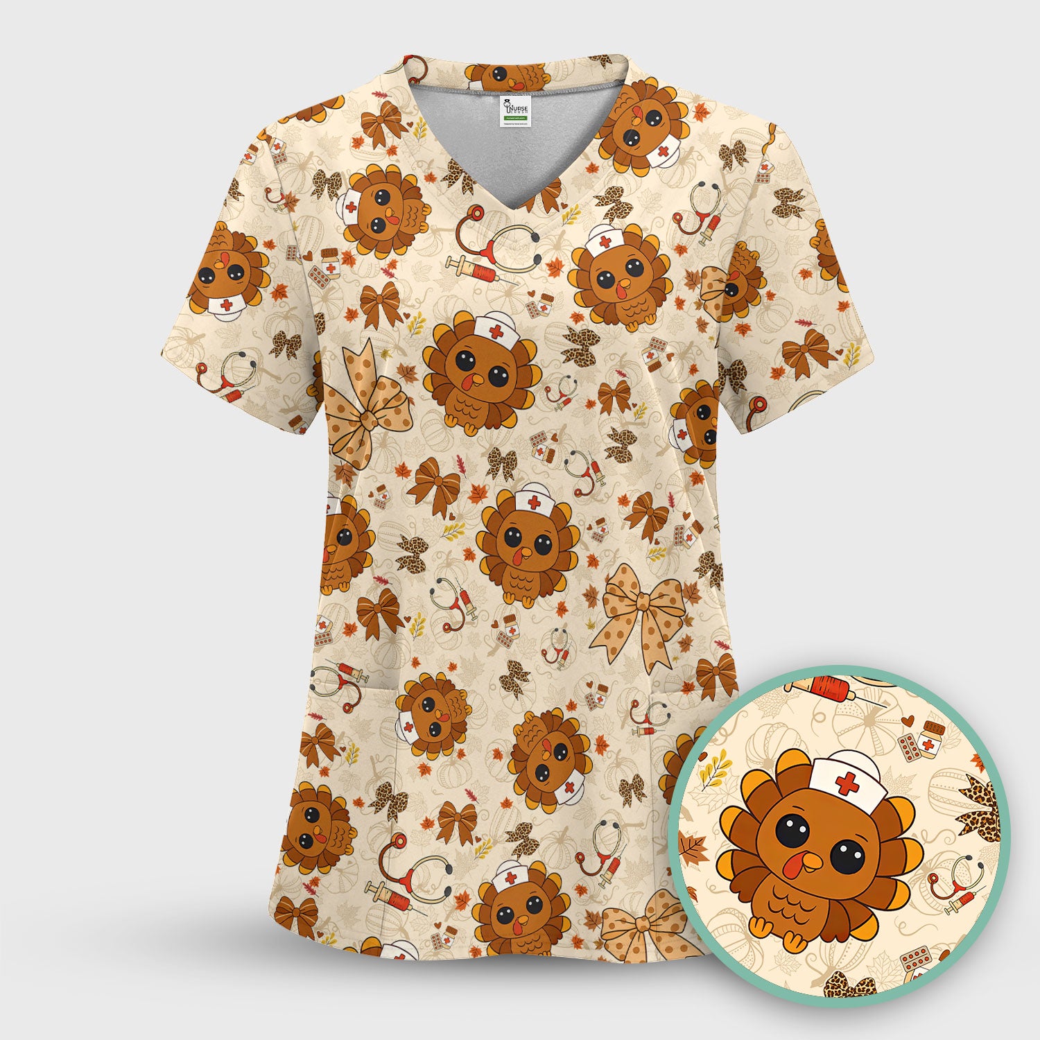 Thanksgiving Turkey Scrub for Nurses - Breathable Fabrics Nursing Uniform - Autumn Med Shirt Gift for Women