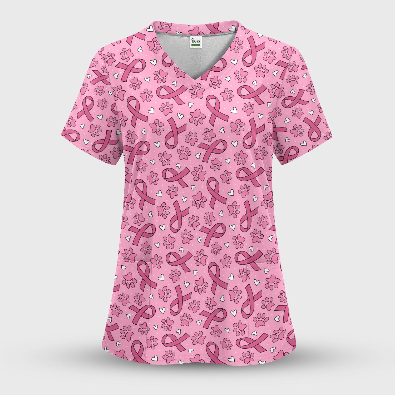 Pink Ribbon Paw Print Scrub Top, Comfortable Scrubs for Nurses