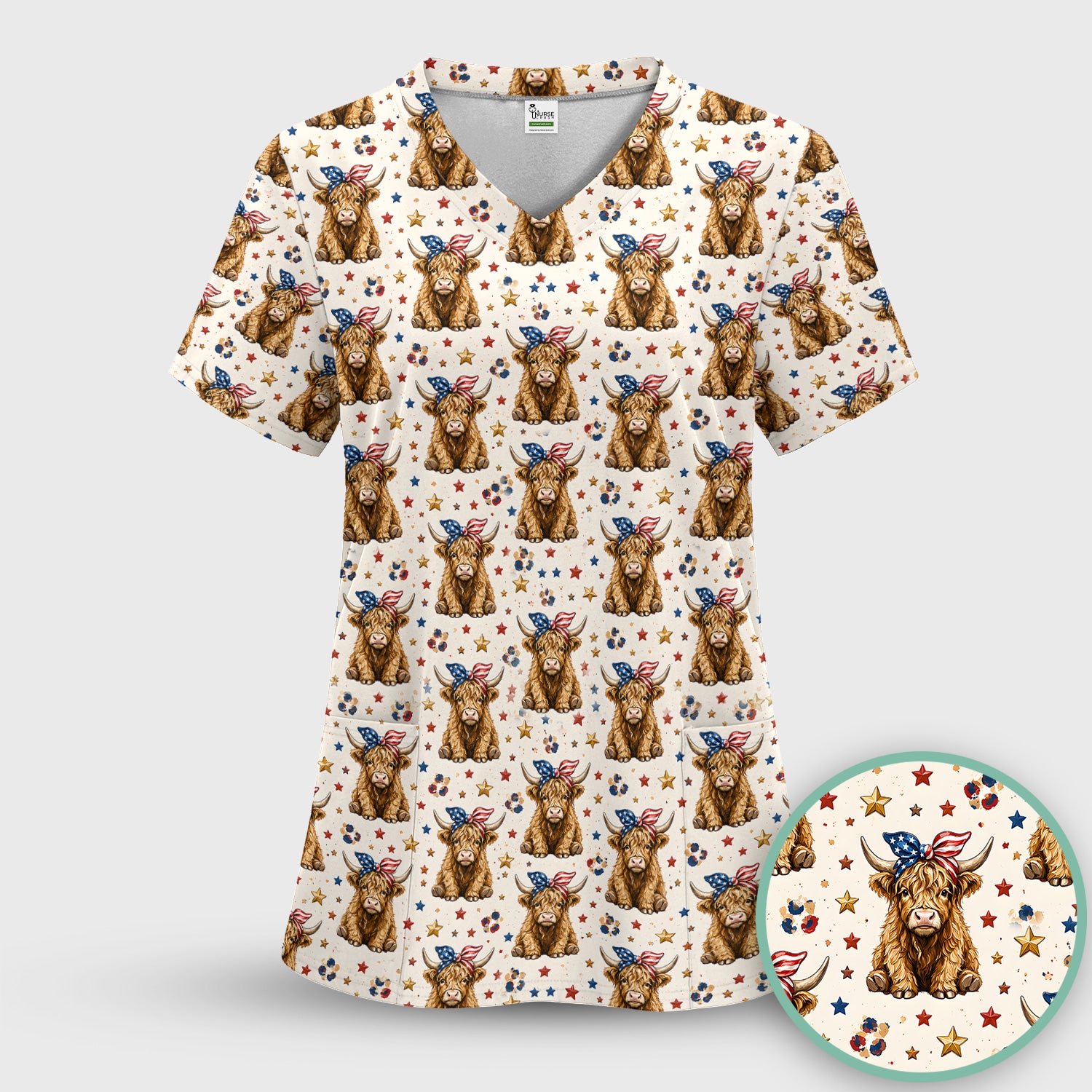 Patriotic Highland Cow Nurse for RN & CNA, Americana Farm Animal Healthcare Workers Medical Uniform Scrub Top, Comfortable Scrubs for Nurses