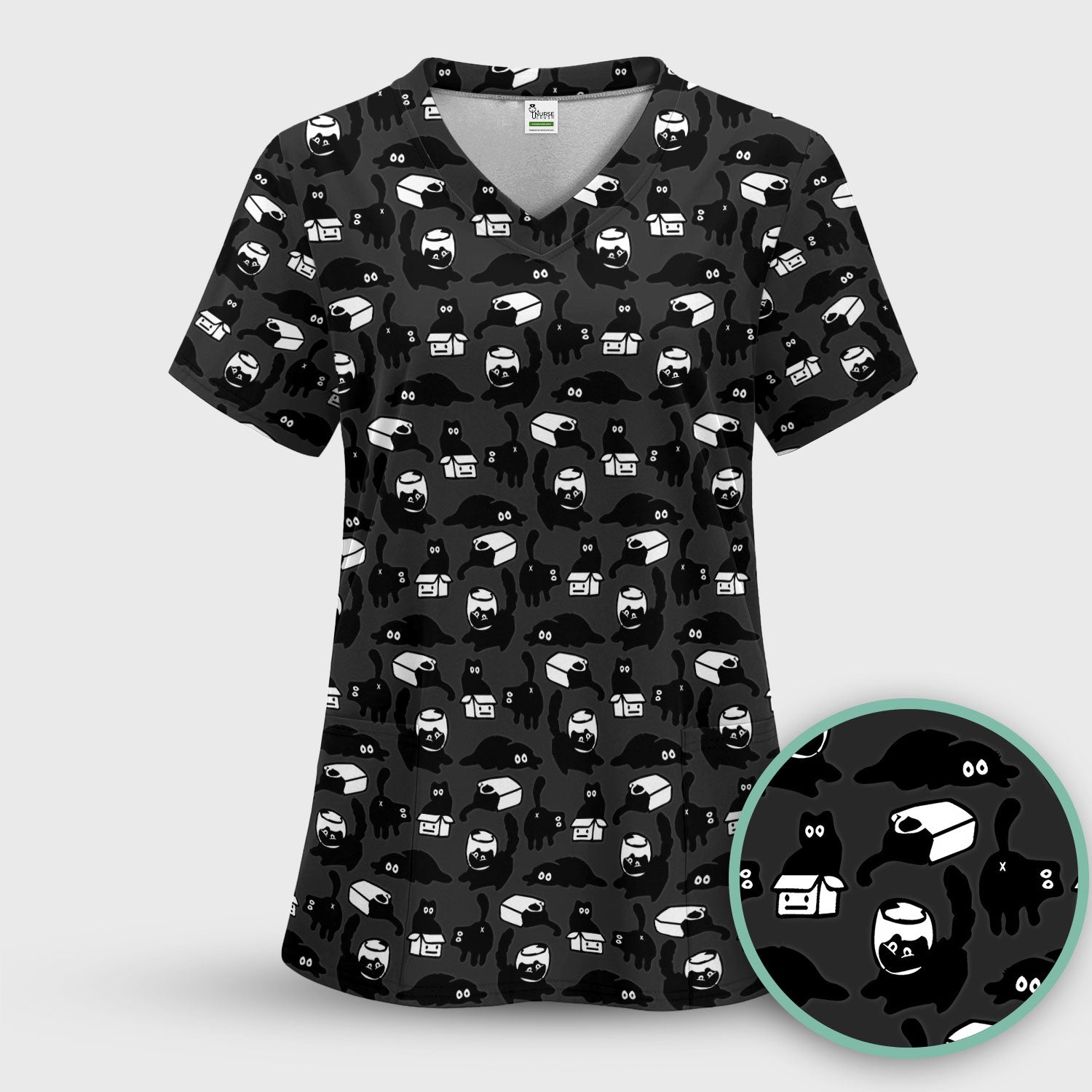 Dark Playful Cat Cartoon Pattern Scrub Top, Comfortable Scrubs for Nurses
