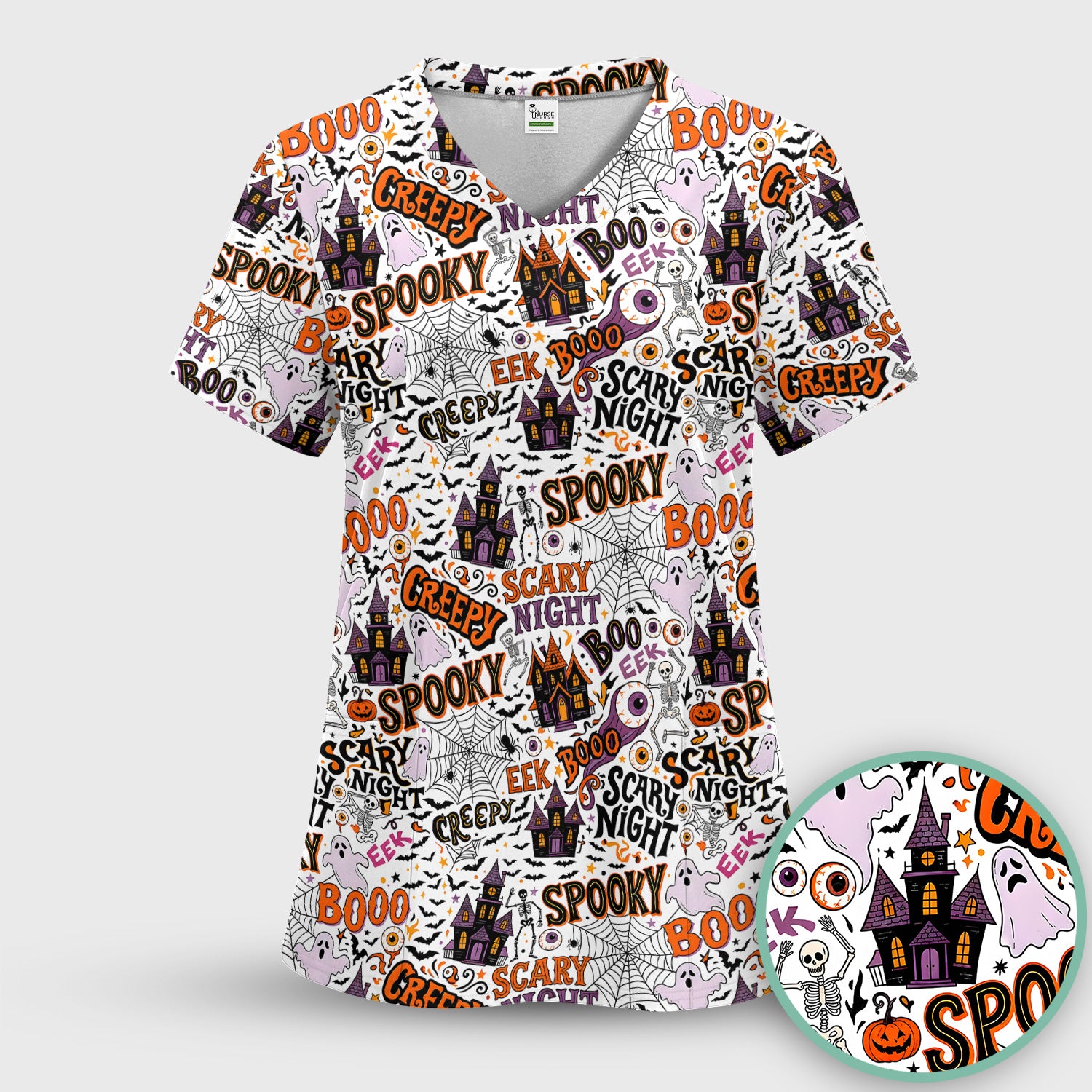 Spooky Halloween Haunted House Typography Scrub Top, Comfortable Scrubs for Nurses