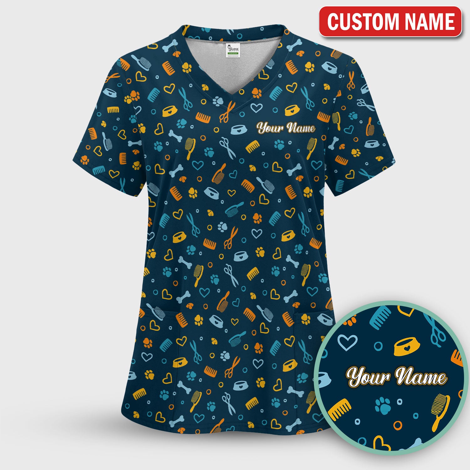 Custom Name Dog Cat Grooming Pattern Scrub Top, Breathable Fabrics Nursing Uniform