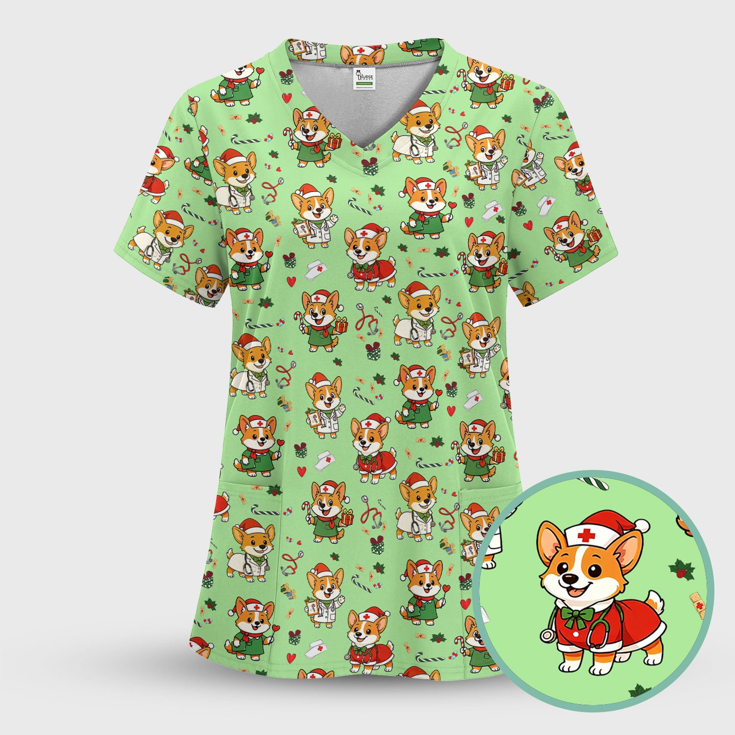 Festive Corgi Christmas Scrub Top - Cute Pet Nurse Shirt - Funny Holiday Medical Uniform for Women RN CNA LPN Gift