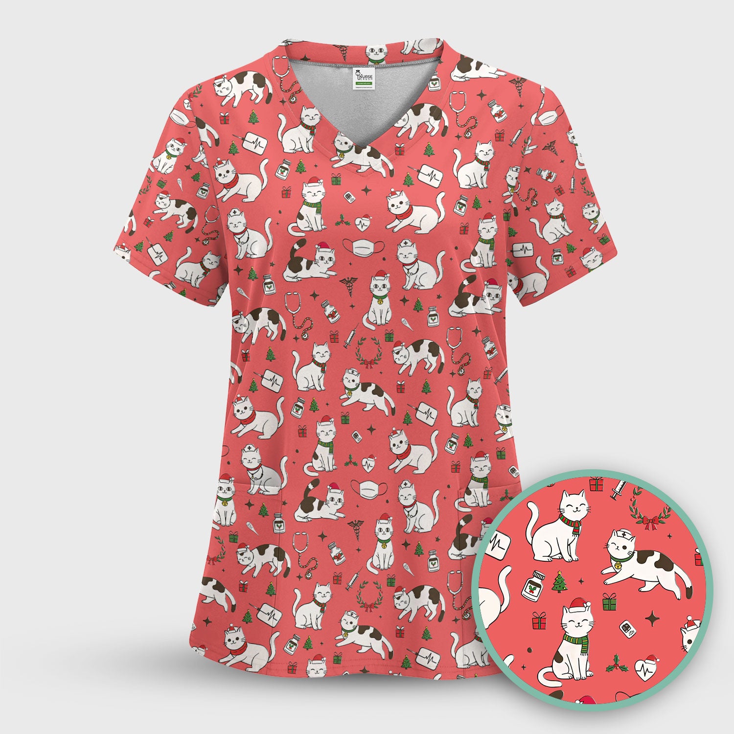 Christmas Cat Scrub Top – Festive Nurse & Holiday Kitty Pattern – Cute Medical Uniform for Nurses, Vets and Healthcare Workers