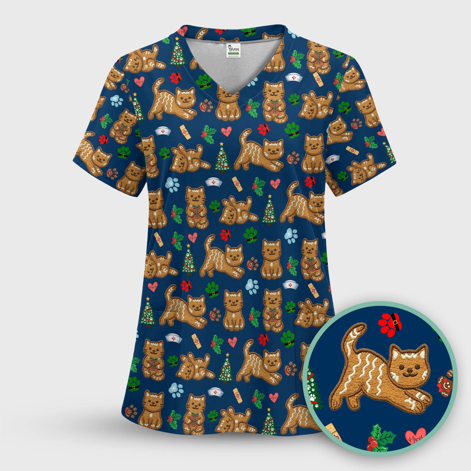 Gingerbread Cat Christmas Scrub Top, Cute Holiday Kitty Medical Uniform Shirt For Nursing, Festive Nurse Pattern