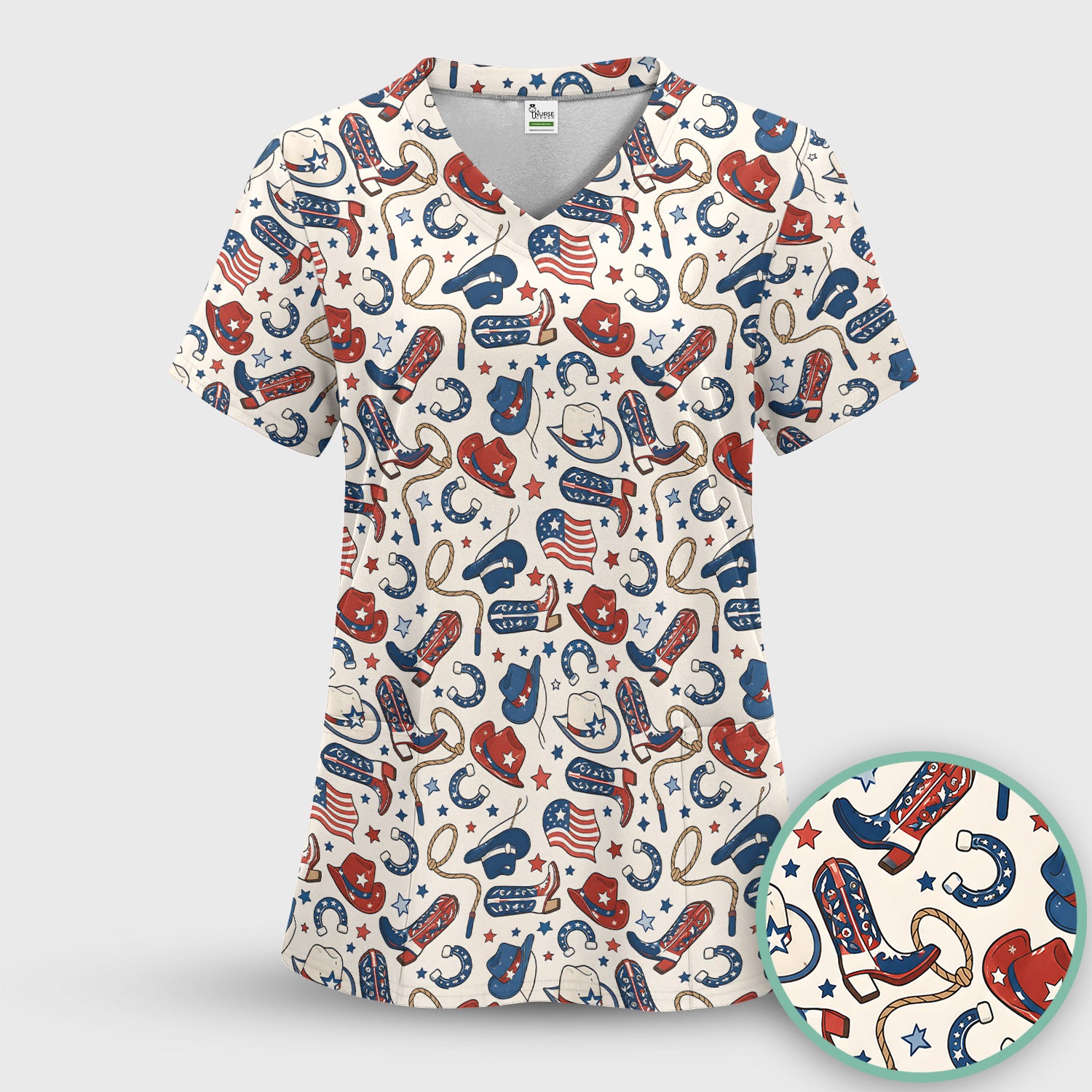 Patriotic Cowboy Boots Horseshoe Pattern Scrub Set, Scrub Pants and V Neck Top