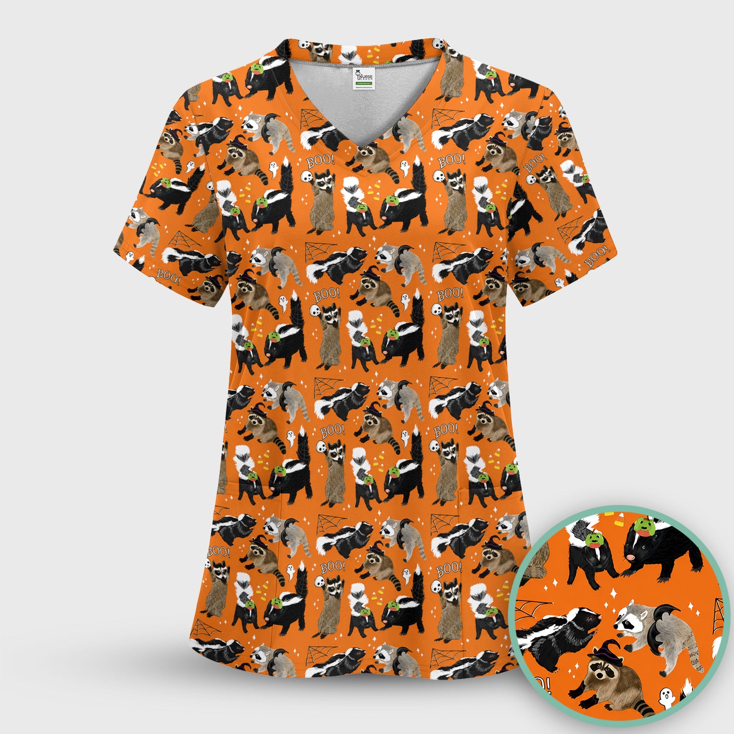 Halloween Wildlife with Skunk Raccoon Pattern Scrub Top, Comfortable Scrubs for Nurses