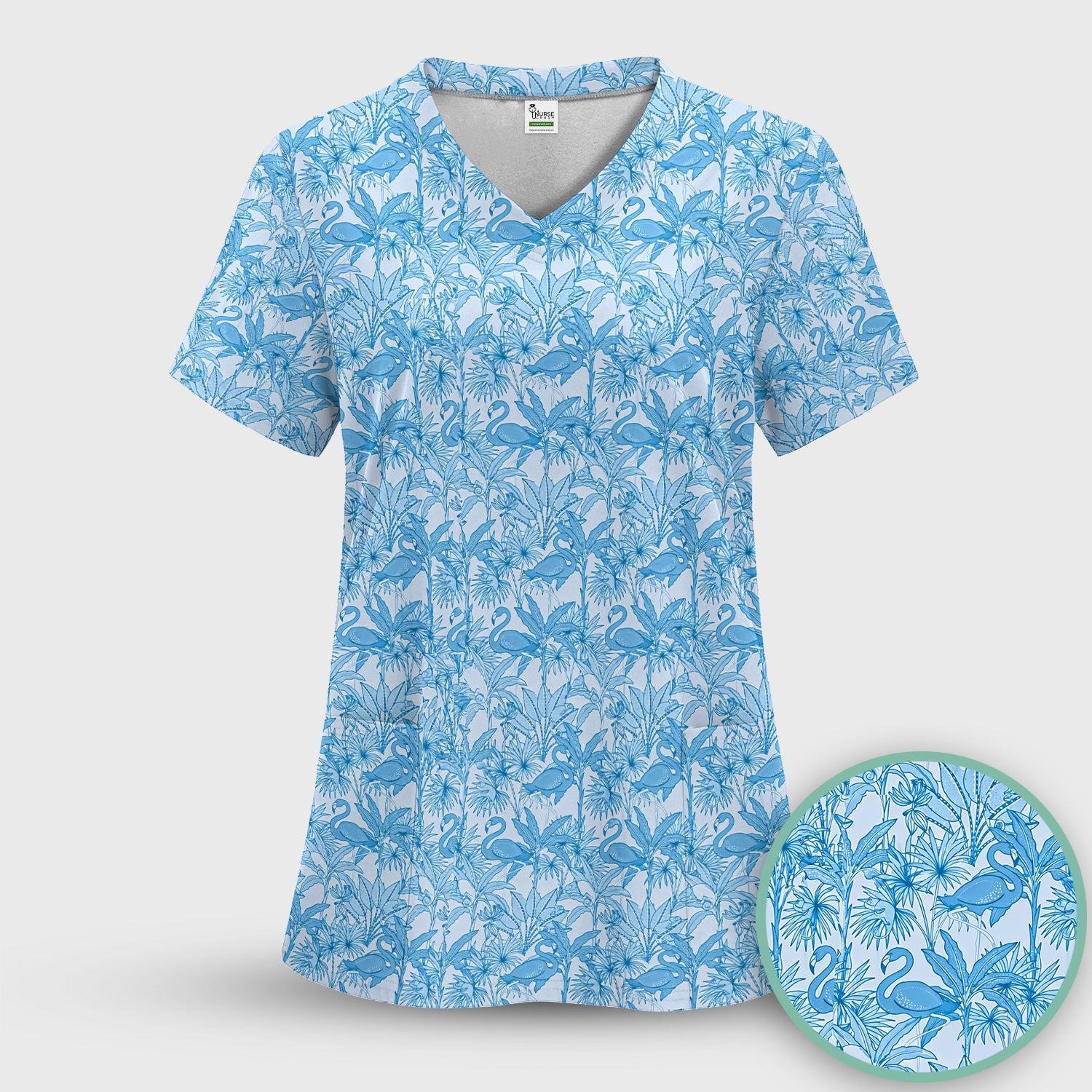 Tropical Flamingo Palm Leaves Pattern Scrub Top, Breathable Fabrics Nursing Uniform