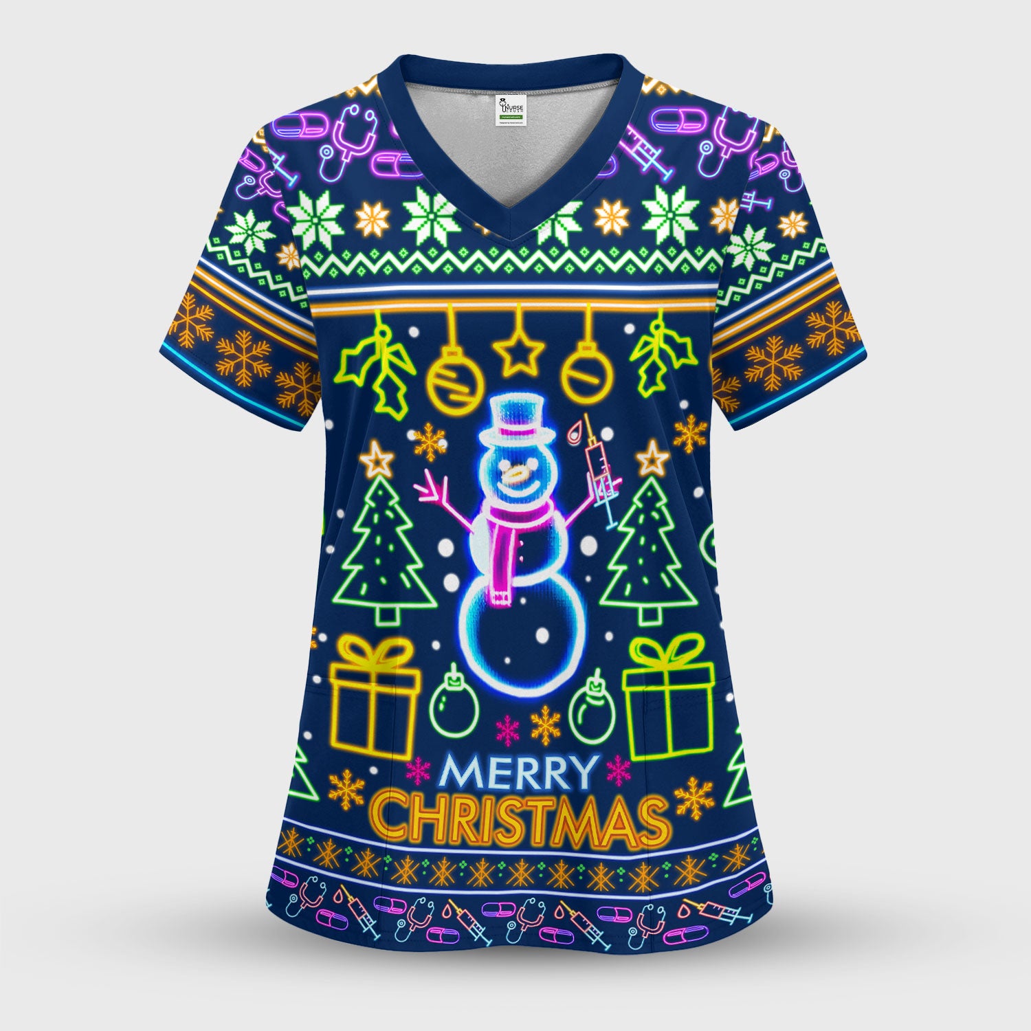 Neon Snowman Christmas Scrub Top for Nurses - Merry Christmas Holiday Lights Pattern - Funny Festive Medical Uniform for RN LPN CNA