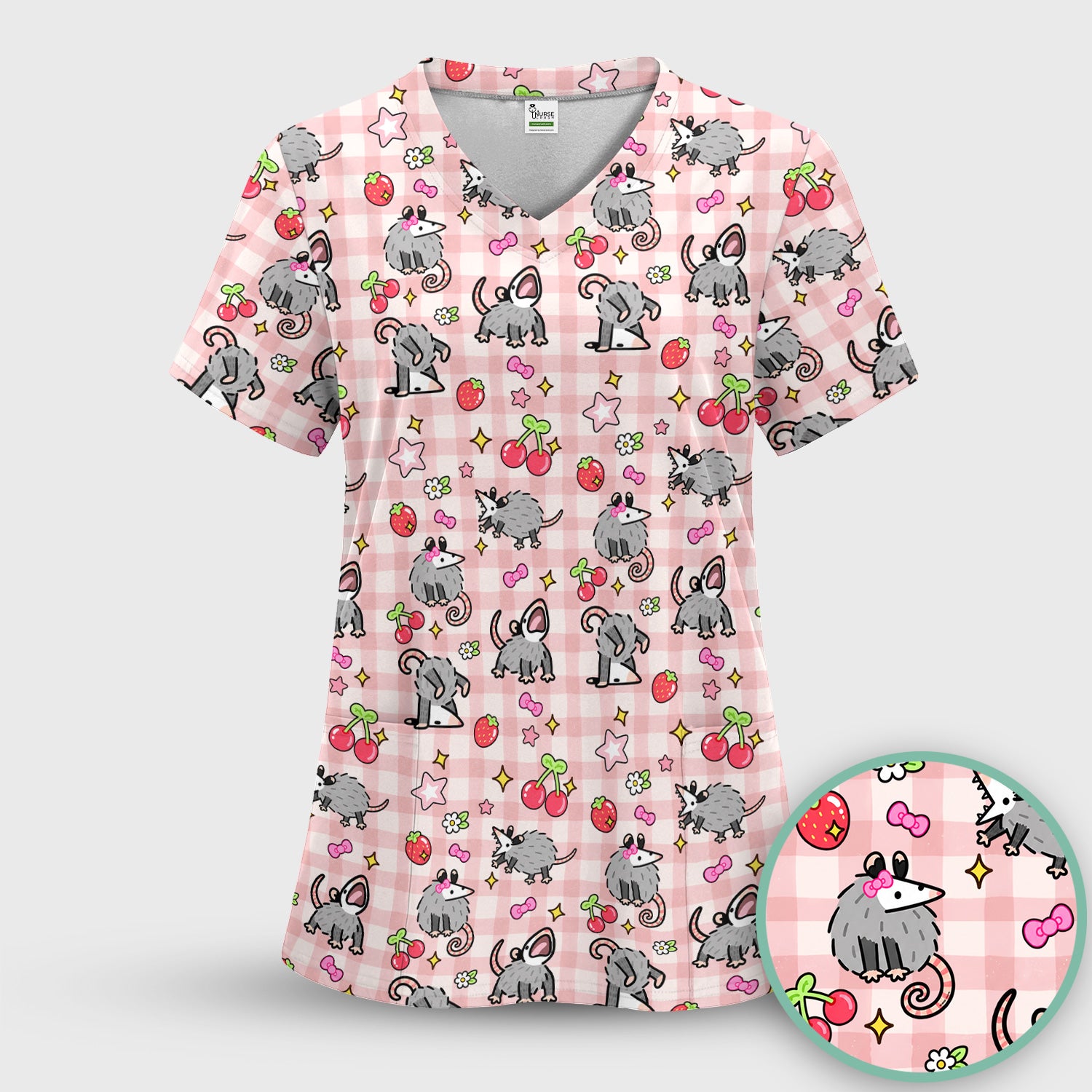 Cute Opossum And Cherries Gingham Pattern Scrub Set, Scrub Pants and V Neck Top