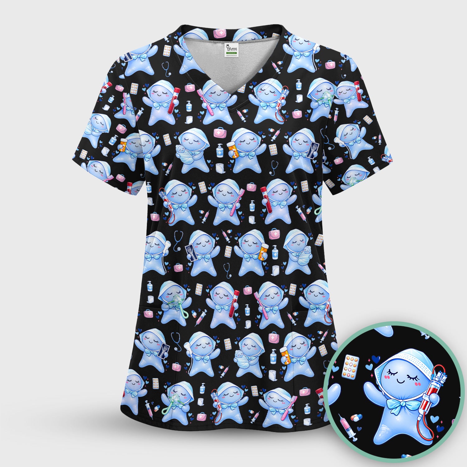 Cute Tooth Character Dental Tools Caring Pattern Scrub Set, Breathable Med Uniform