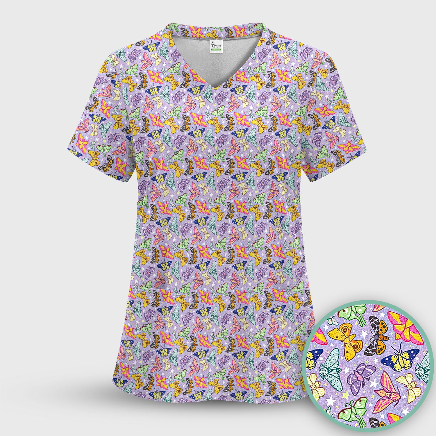 Colorful Butterfly Pattern Scrub Top, Breathable Fabrics Nursing Uniform