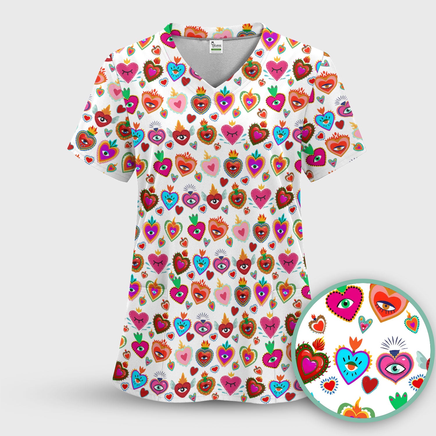 Valentine Colorful Sacred Heart Print Medical Scrub Top, Comfortable Scrubs for Nurses